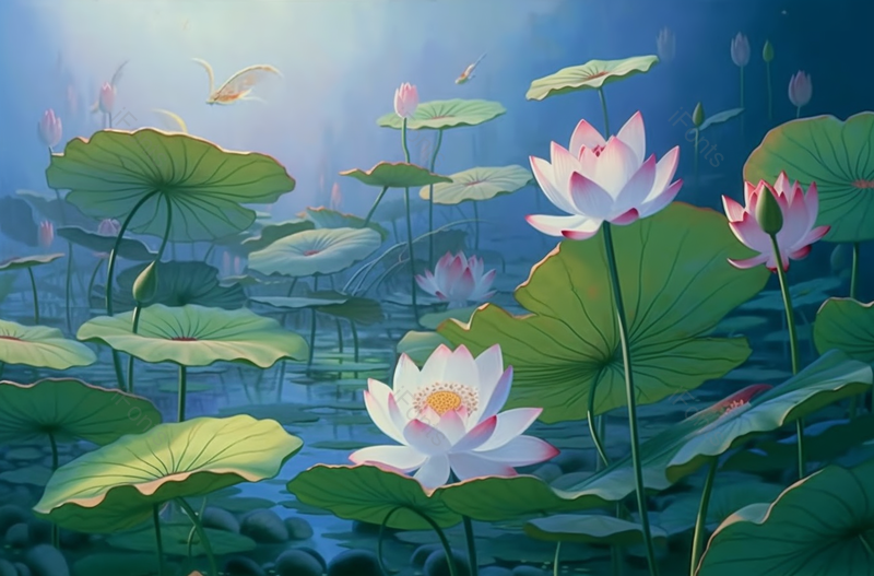 绿色优美池塘盛开的荷叶荷花插画,插画/手绘图,插画/手绘图库,插画/手绘图下载,插画/手绘